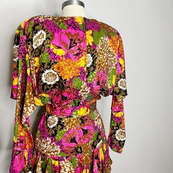 Vintage 80s GILLIAN Floral Silk Jacquard Dolman Ruffled Skirt DRESS Size S - Picture 4 of 11